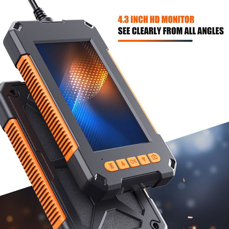 4,3 collu IPS ekrāna rūpnieciskā endoskopa kamera HD1080P viena divu objektīvu pārbaudes boreskops IP68 ūdensizturīgs LED 2600 mAh akumulators