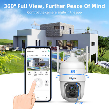 Hiseeu 3MP облачна AI WiFi камера за видеонаблюдение, акумулаторна батерия със слънчев панел, безжична панорама и накланяне на открито