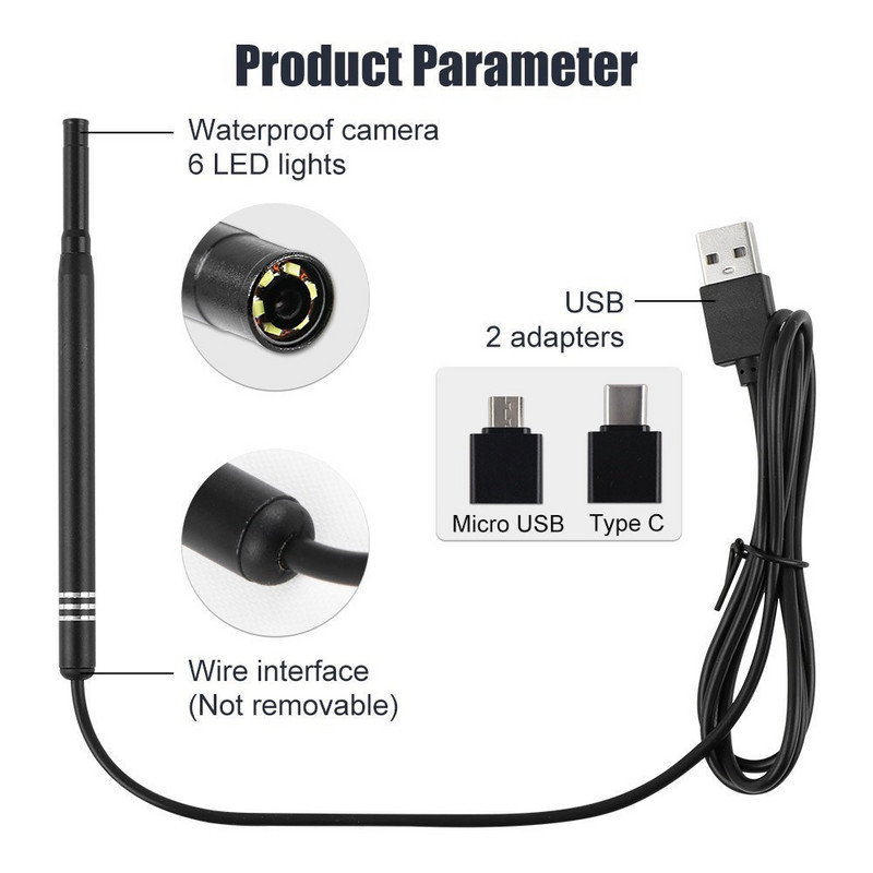 Mini čistiaca ušná endoskopická kamera pre smartfón s Androidom, boroskop s mobilným telefónom, otoskop s mikro endoskopickou kamerou, typ endoskopu USB C