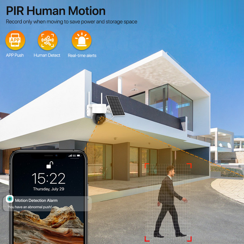 Ηλιακή κάμερα WiFi 2MP Ασύρματη κάμερα PTZ Ενσωματωμένη μπαταρία Κάμερα IP εξωτερικού χώρου PIR Κάμερα παρακολούθησης ανθρώπινης ανίχνευσης iCSee APP