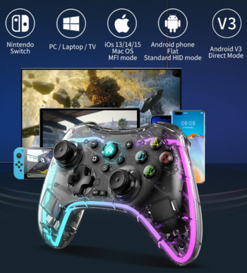 Безжичен BT Game Controller Геймпад Джойстик за Switch PS3 PS4 Android PC Transparent Crystal Gamepad за NS Switch Controller