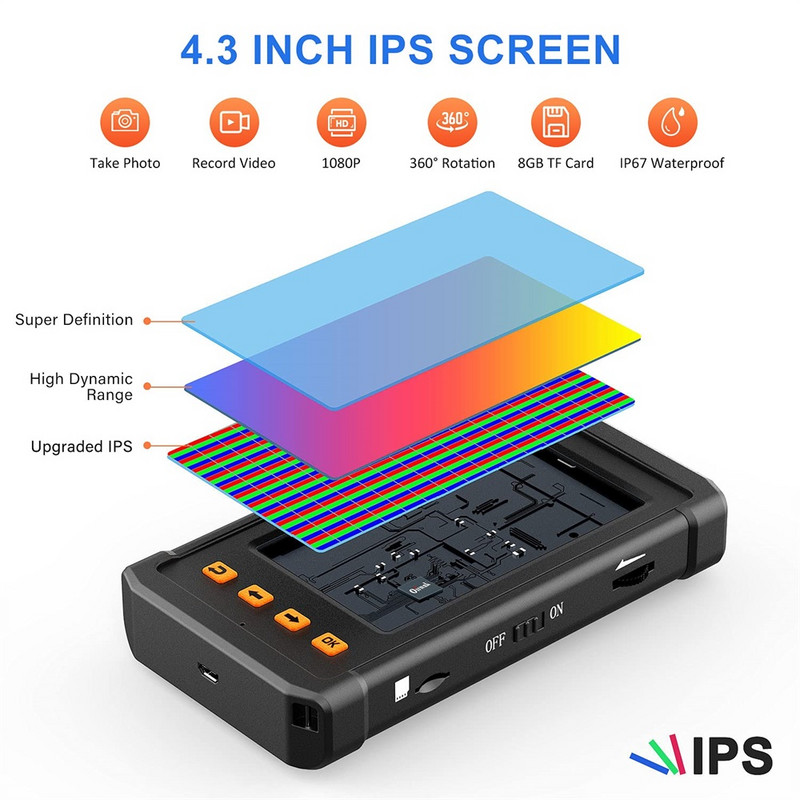 Oiiwak 1080P endoskopinė kamera 8 mm dviejų lęšių boreskopinio vamzdžio tikrinimo mini kamera 4,3 colio ekrano IP67 stebėjimo vaizdo kamera