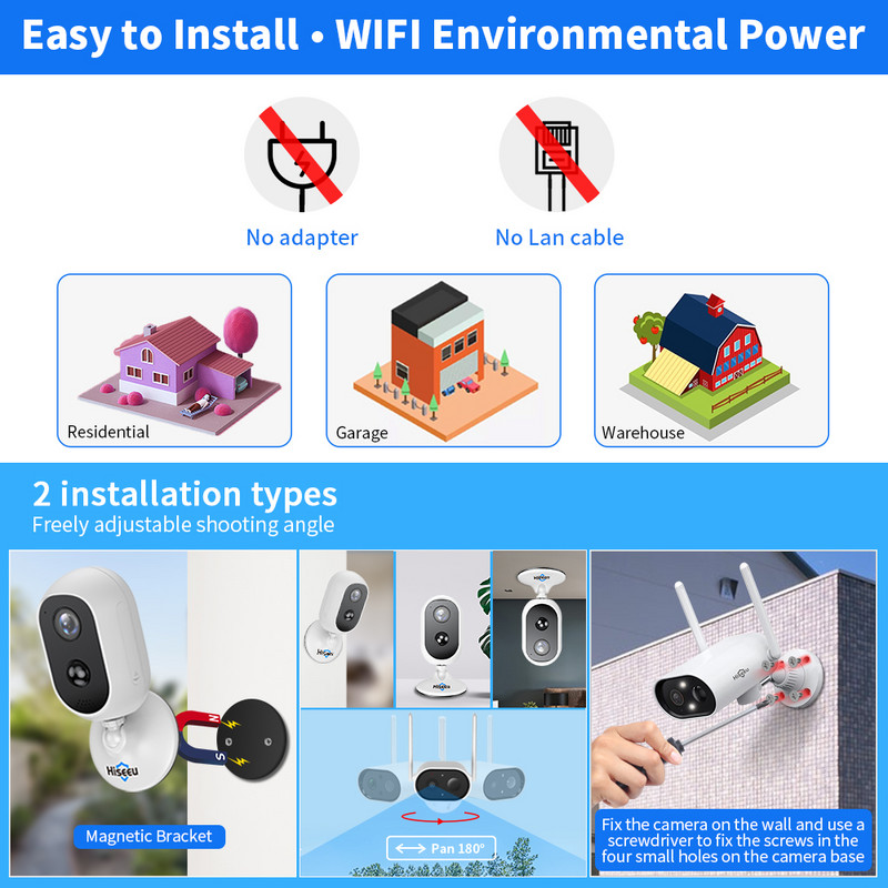 „Hiseeu C30 1536P“ 3 MP belaidė baterijos IP kamera, įkraunama 2 krypčių garso lauko oro sąlygoms atspari sauga „Wi-Fi“ saulės PIR judėjimas