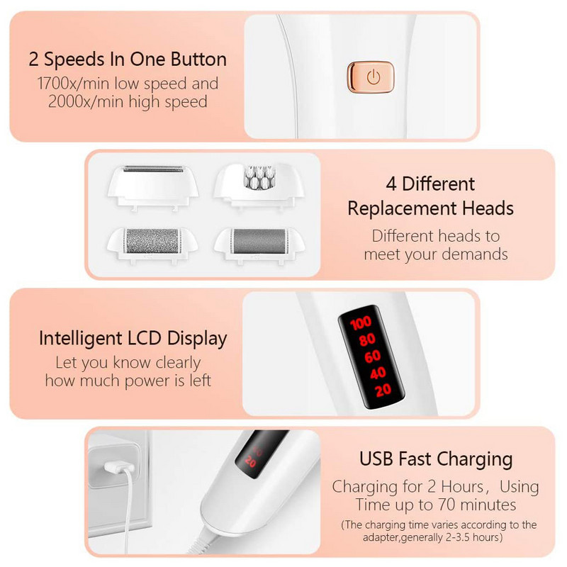 Elektrinis moteriškas skustuvas ir įkraunamas pėdų dildės kietos odos valiklis, pedikiūro įrankiai šlapio ir sauso naudojimo neskausmingas elektrinis skustuvas moterims