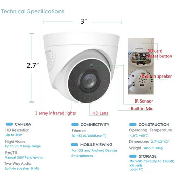 XM H.265 3MP 2K IP Κάμερα PoE Κάμερα Ασφαλείας Indoor Dome Αμφίδρομη Audio AI Έξυπνη ανίχνευση κίνησης Συναγερμός P2P Υποστήριξη Micro SD