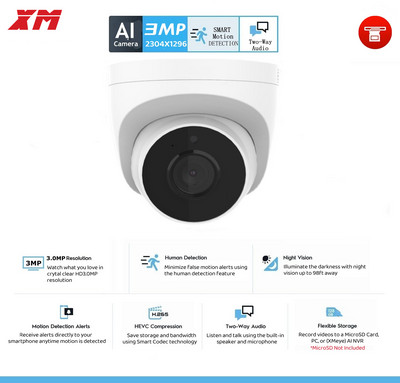 XM H.265 3MP 2K IP kamera PoE beltéri dóm biztonsági kamera kétirányú audio AI Intelligens mozgásérzékelő riasztás P2P támogatás Micro SD