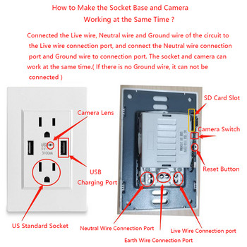 Американски стандартен контакт Основа Безжична IP камера Американски стенни електрически контакти Мини камера Wifi Дистанционно наблюдение Домашна сигурност Наблюдение