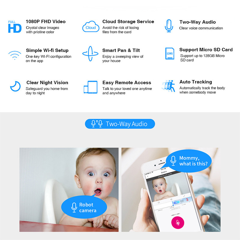 1080P robotas IP kamera WiFi dvipusis garso stebėjimas 360° naktinio matymo apsaugos kamera P2P išmaniojo namo kameros vaizdo stebėjimas