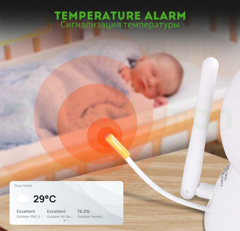 G.Craftsman Baby Monitor Detectare plâns pentru bebeluși Detectare temperaturii Joacă de la distanță Cânte de leagăn încorporat în 6 cântece de leagăn APP TUYA
