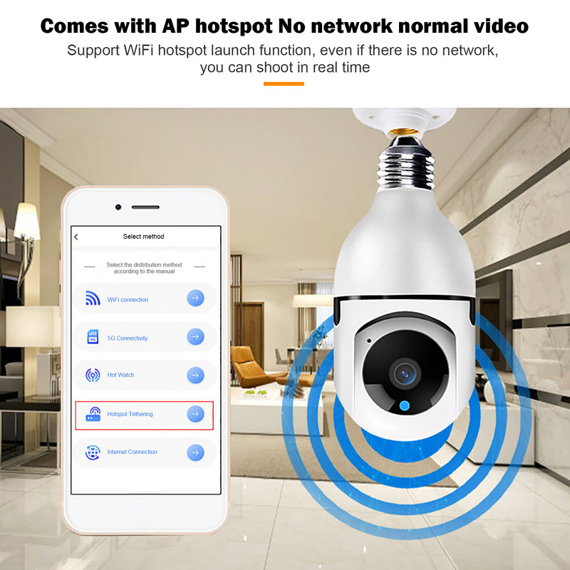 E27 Bulb Camera 1080P HD belaidė apsaugos kamera, skirta vidaus / lauko 2,4 GHz WiFi monitoriaus stebėjimo kameroms