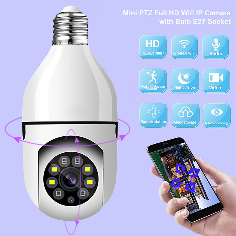 E27 Bulb Camera 1080P HD belaidė apsaugos kamera, skirta vidaus / lauko 2,4 GHz WiFi monitoriaus stebėjimo kameroms