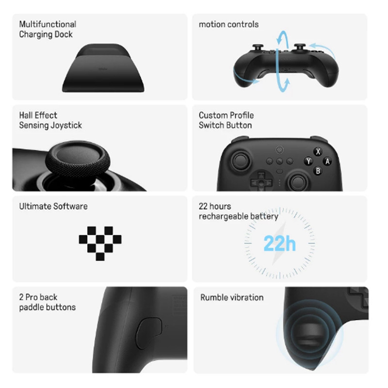 8BitDo – puikus belaidis „Bluetooth“ žaidimų valdiklis su įkrovimo doku, skirtu „Nintendo Switch“ ir kompiuteriui, „Windows 10“, „11“, „Steam“