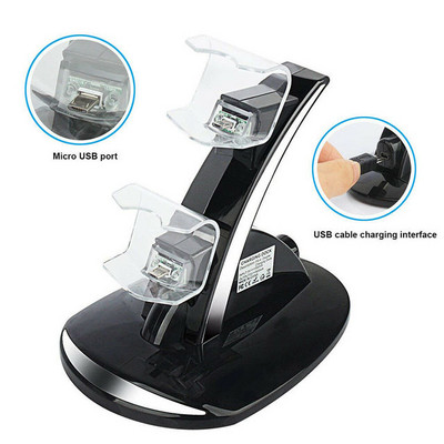 Valdiklio įkroviklio dokas LED Dvigubas USB PS4 įkrovimo stovas, skirtas Sony Playstation 4 PS4 / PS4 Pro / PS4 plonam valdikliui