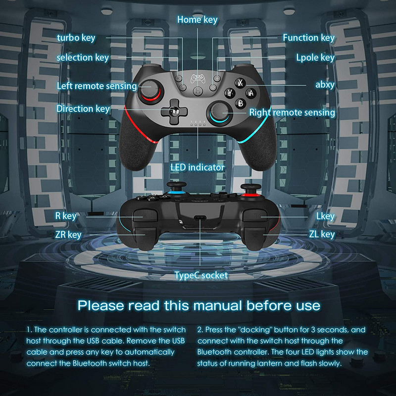 Bezvadu Bluetooth kontrolieris Nintendo Switch Pro kontrolierim ar žiroskopa un gravitācijas sensora dubulto vibrāciju un turbo funkciju