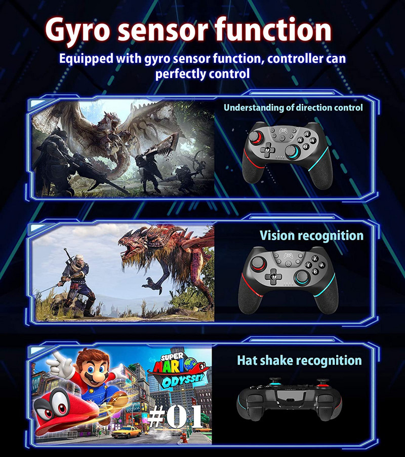 Bezvadu Bluetooth kontrolieris Nintendo Switch Pro kontrolierim ar žiroskopa un gravitācijas sensora dubulto vibrāciju un turbo funkciju