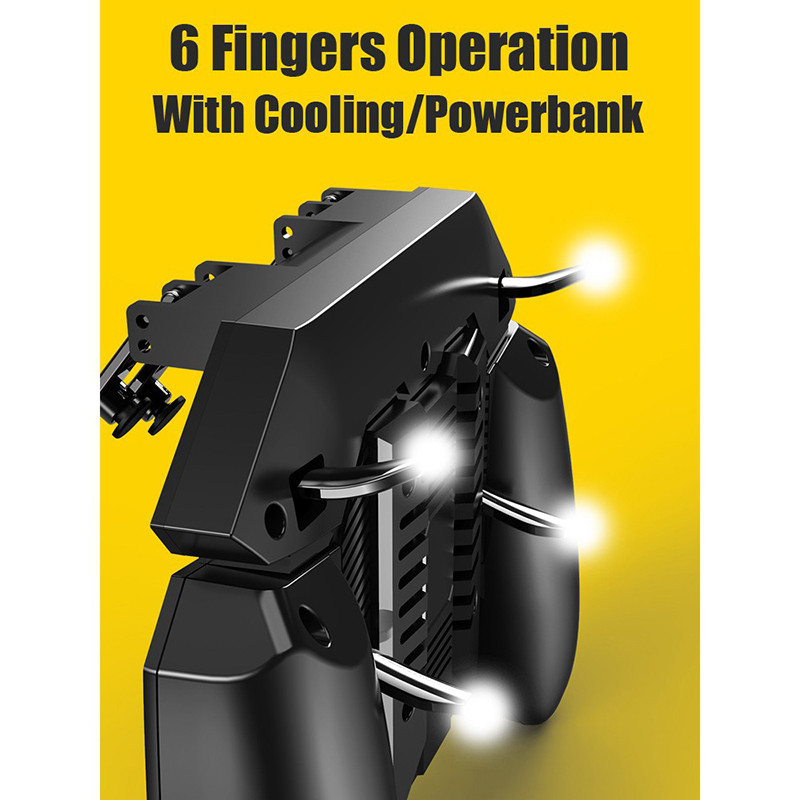 AK77 Pubg mobiilimängukontroller 6 sõrmega koos ventilaatori Pubg päästikuga mängupuldi juhtkangiga Android iOS-i mängupuldi Movil koos akuga