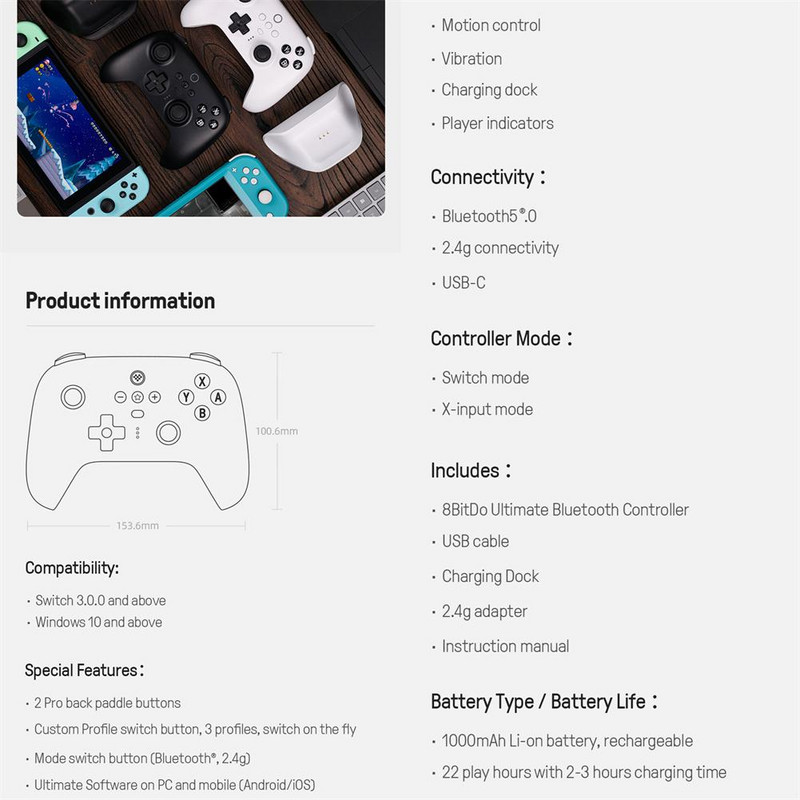 8bitdo Ultimate belaidis su Bluetooth suderinamas žaidimų valdiklis su įkrovimo doku, suderinamu su Nintendo Switch