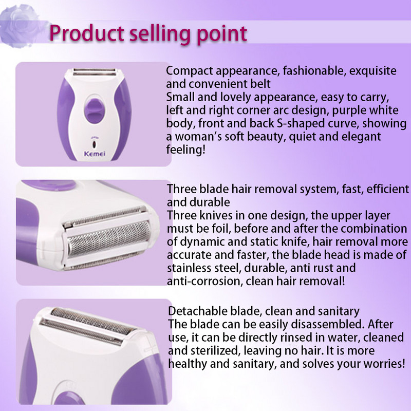 Kemei Ženski epilator Električni brijač Lice Tijelo Noge Trimer za uklanjanje dlačica Ženski aparat za brijanje bikinija EU utikač KM-280R
