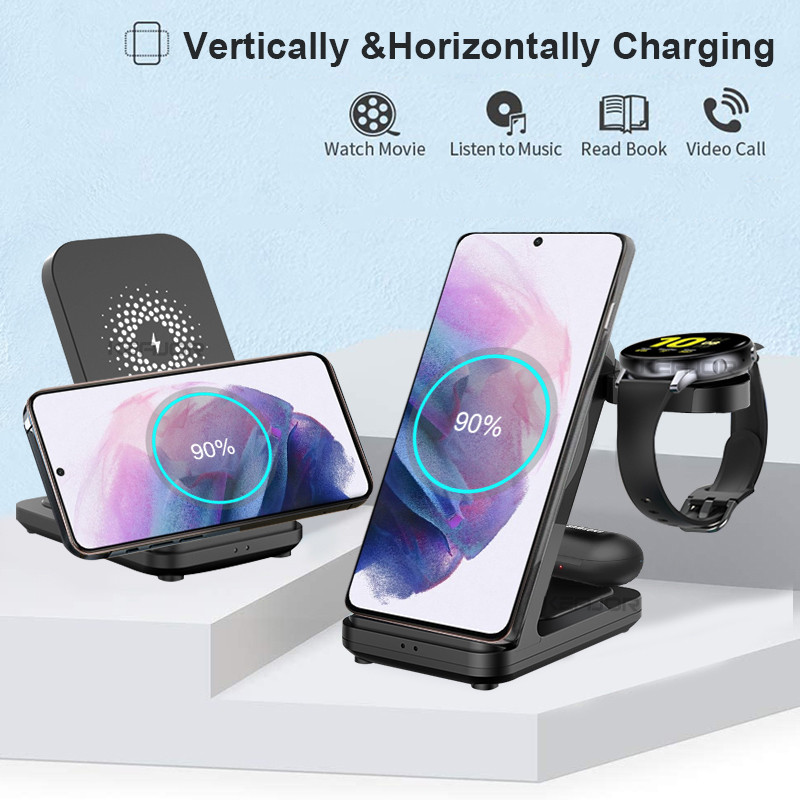 3 viename belaidžio įkroviklio stovas, skirtas Samsung Galaxy Watch 4 Active 2/1 15W greito įkrovimo doko stotelė, skirta Samsung S21/S20 įkrovikliui