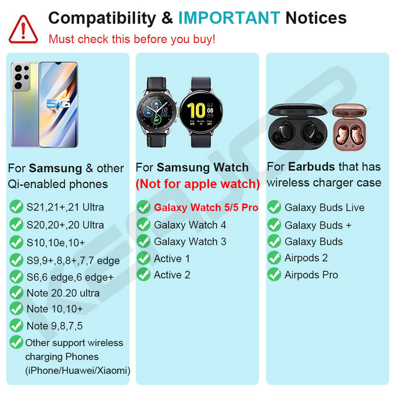 3 viename belaidžio įkroviklio stovas, skirtas Samsung Galaxy Watch 4 Active 2/1 15W greito įkrovimo doko stotelė, skirta Samsung S21/S20 įkrovikliui