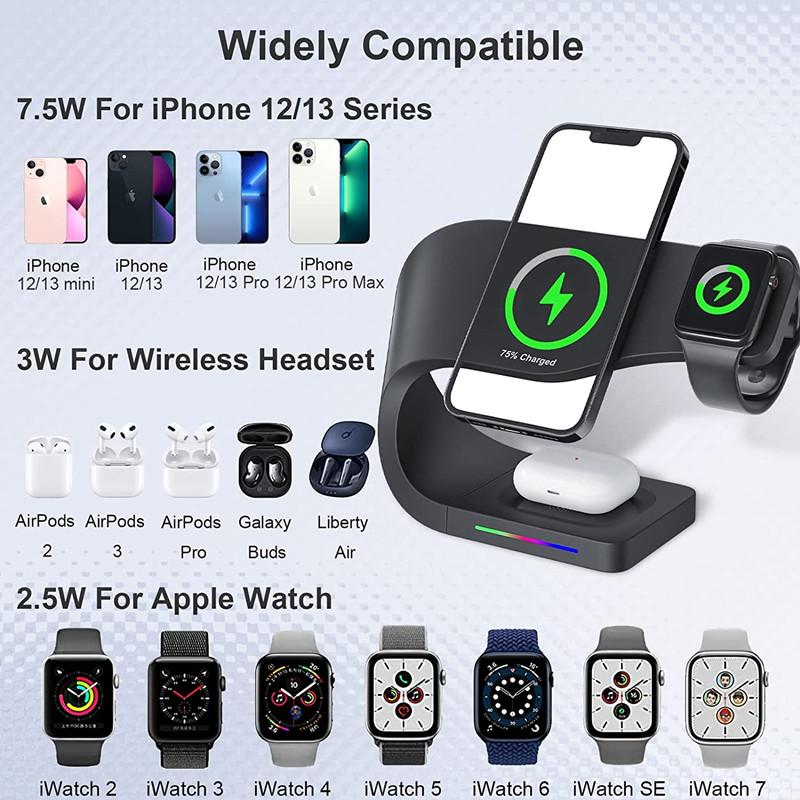 3 viename belaidžių įkroviklių stovas skirtas iPhone 14 13 12 Pro Max Mini magnetinė įkrovimo stotelė Airpods Apple watch 8 Charger