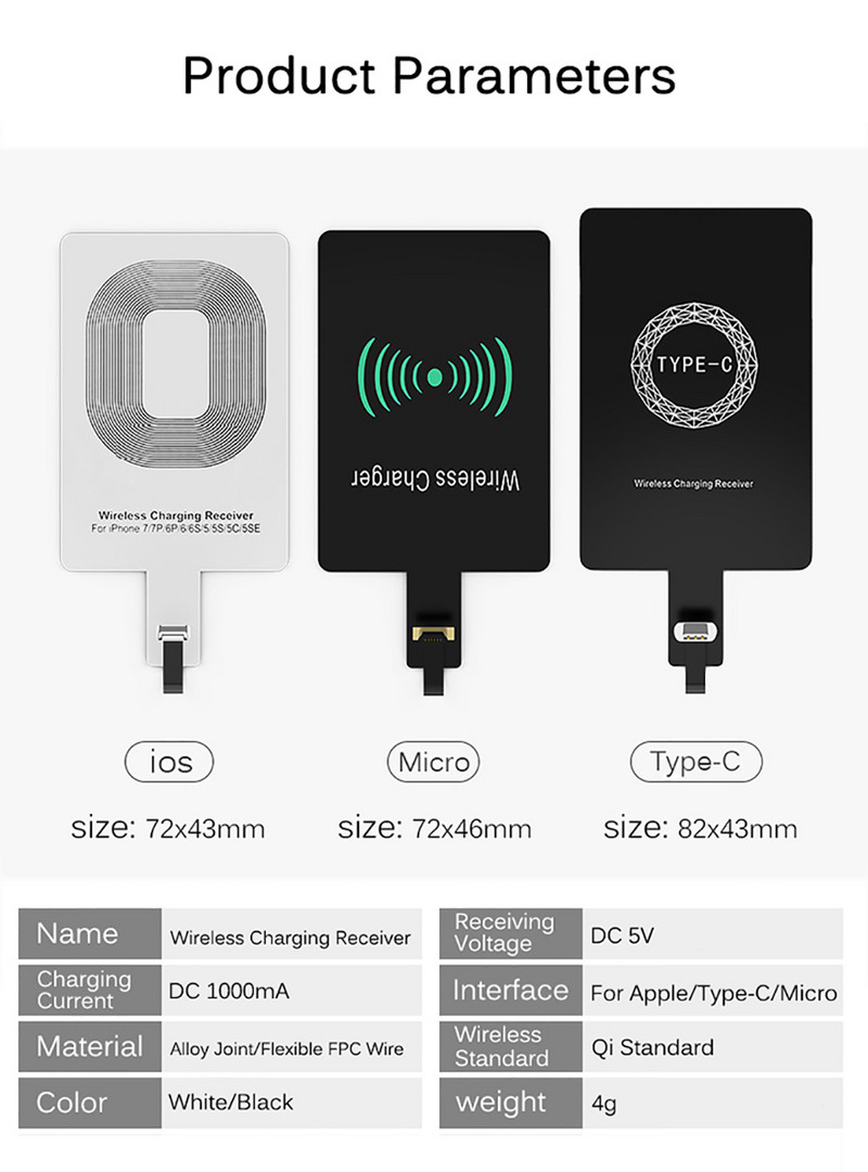 Qi vezeték nélküli töltő vevő Micro USB Type C univerzális gyors vezeték nélküli töltőadapter Samsung Huawei iPhone készülékhez Xiaomihoz