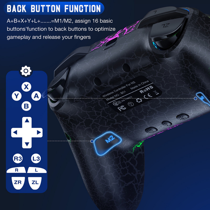 Dinofire bežični kontroler Gamepads za Nintendo Switch/Lite/OLED s programibilnom turbo funkcijom buđenja osjećaja dodira miša