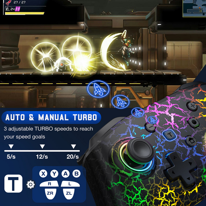 Dinofire bežični kontroler Gamepads za Nintendo Switch/Lite/OLED s programibilnom turbo funkcijom buđenja osjećaja dodira miša