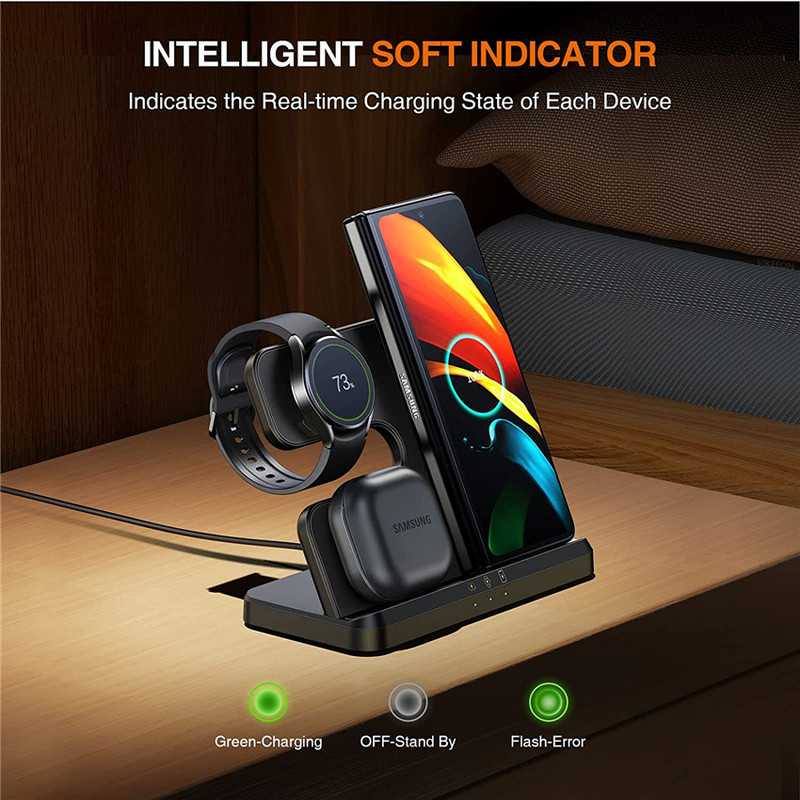 30 W 3 vienā bezvadu lādētāja statīvs Ātrās uzlādes dokstacijas Samsung Z Fold 3 S21 S20 Galaxy Watch 5 4 3 Active 2 S3 S4 Buds