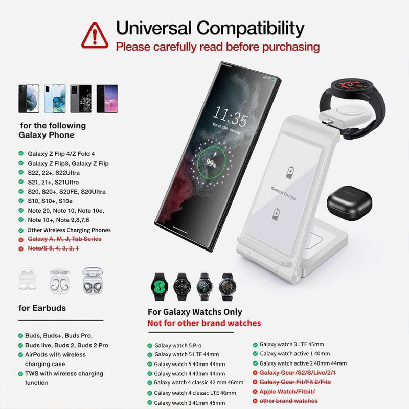 25 W 3 viename belaidžio įkroviklio stovas, skirtas Samsung Galaxy Flip 4/S22 Ultra/S21/S20/S10 Galaxy Watch 5 4 Active 2 Buds greitas įkrovimas