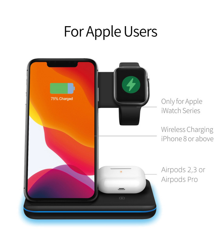 3 viename belaidžio įkroviklio stovas 15 W Qi greito įkrovimo dokas, skirtas Apple Watch iWatch S8 AirPods Pro, skirtas iPhone 14 13 12 XS XR