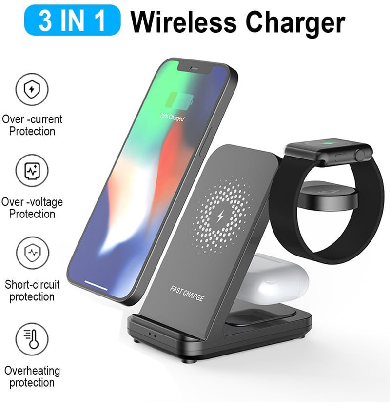 30W 3 u 1 stalak za bežični punjač za iPhone 14 13 12 X Samsung S22 S21 Apple/Galaxy Watch Airpods Dock Station za brzo punjenje