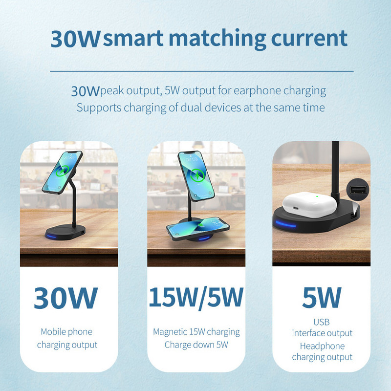 30 W magnetinis belaidis įkroviklis skirtas iPhone 12 13 Pro Max staliniam telefono stovui Greitas belaidis įkroviklis, skirtas Airpods Xiaomi Samsung