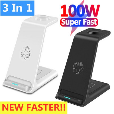 100 W 3 vienā bezvadu lādētāja statīvs Ātrās uzlādes dokstacija iPhone 14 13 12 X Pro Max Apple Watch iWatch Airpods Pro