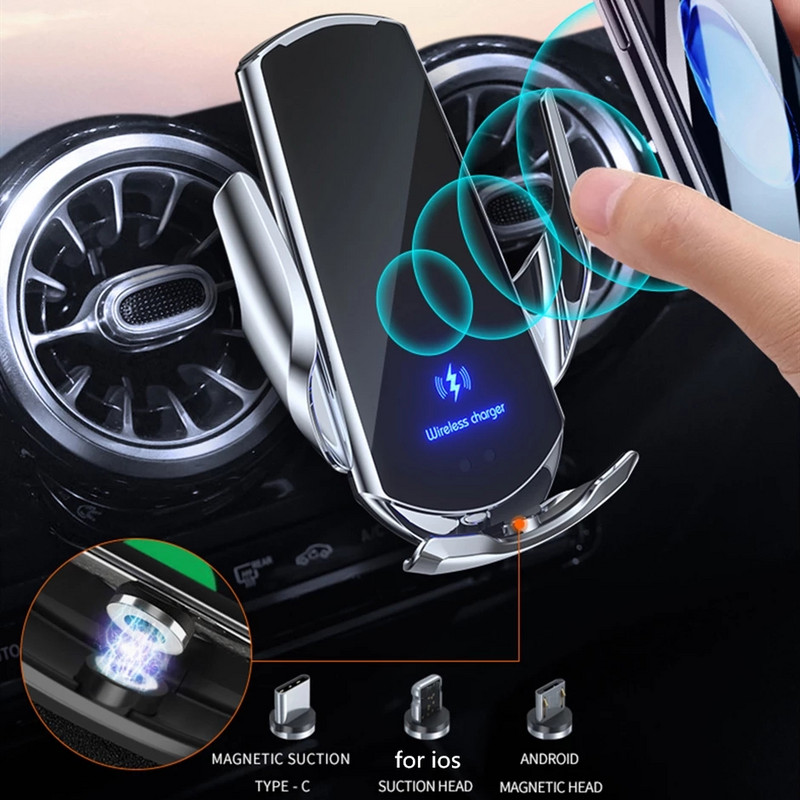 50W bežični punjač za automobil, magnetski, automatski držač za telefon za automobil, za iPhone, Samsung, Xiaomi, infracrveno indukcijsko QI brzo punjenje