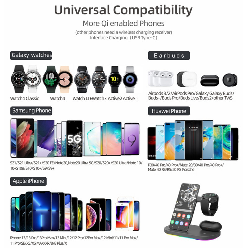 Trīs vienā bezvadu lādētāja statīvs Samsung Galaxy Flip 4/S22 Ultra/S21/S20/S10 Galaxy Watch 4 3 Active 2 Buds 15W Ātrā uzlāde