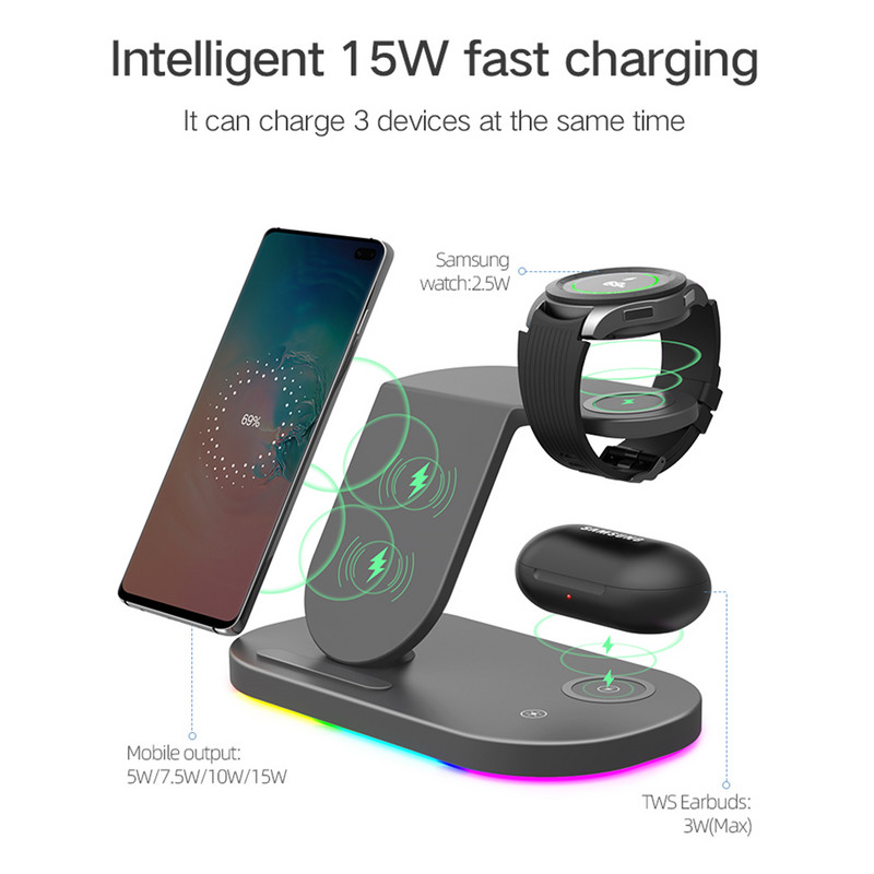 Trīs vienā bezvadu lādētāja statīvs Samsung Galaxy Flip 4/S22 Ultra/S21/S20/S10 Galaxy Watch 4 3 Active 2 Buds 15W Ātrā uzlāde