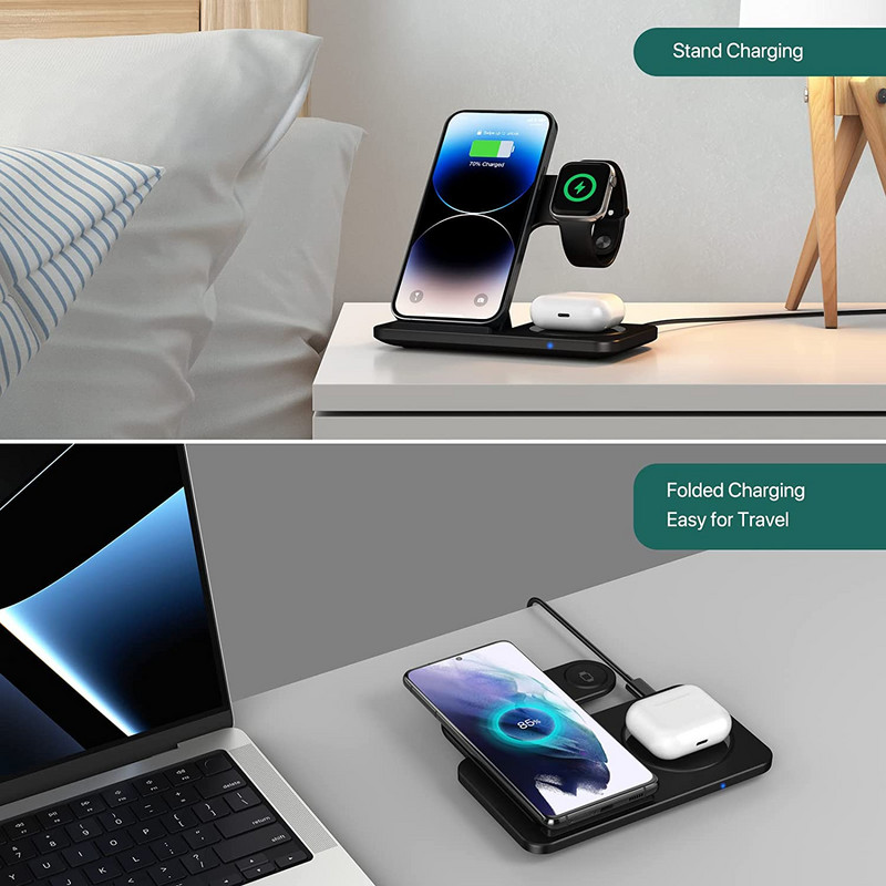 3 viename belaidžių įkroviklių stovas skirtas iPhone 14 13 12 11 XS XR X 8 greito įkrovimo doko stotis Airpods Pro Apple Watch 7 įkrovikliui