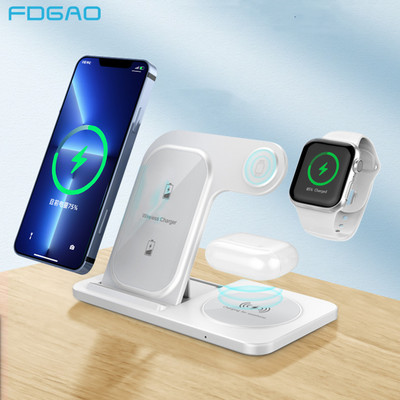 Безжично зарядно 3 в 1 за iPhone 14 13 12 11 8 X XS XR Apple Watch 8 7 Airpods Pro Стойка за бързо зареждане за Samsung S22 S21