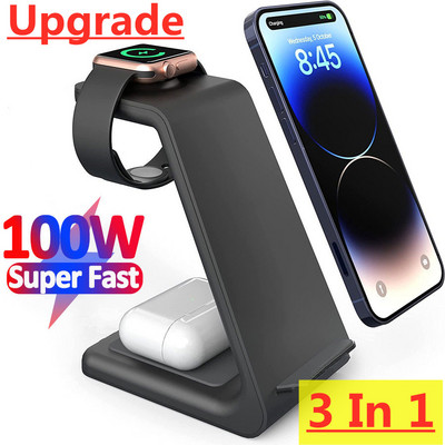 100 W 3 в 1 безжична зарядна стойка за iPhone 14 13 12 11 XS XR X 8 Докинг станция за бързо зареждане за Apple Watch 8 7 Airpods Pro