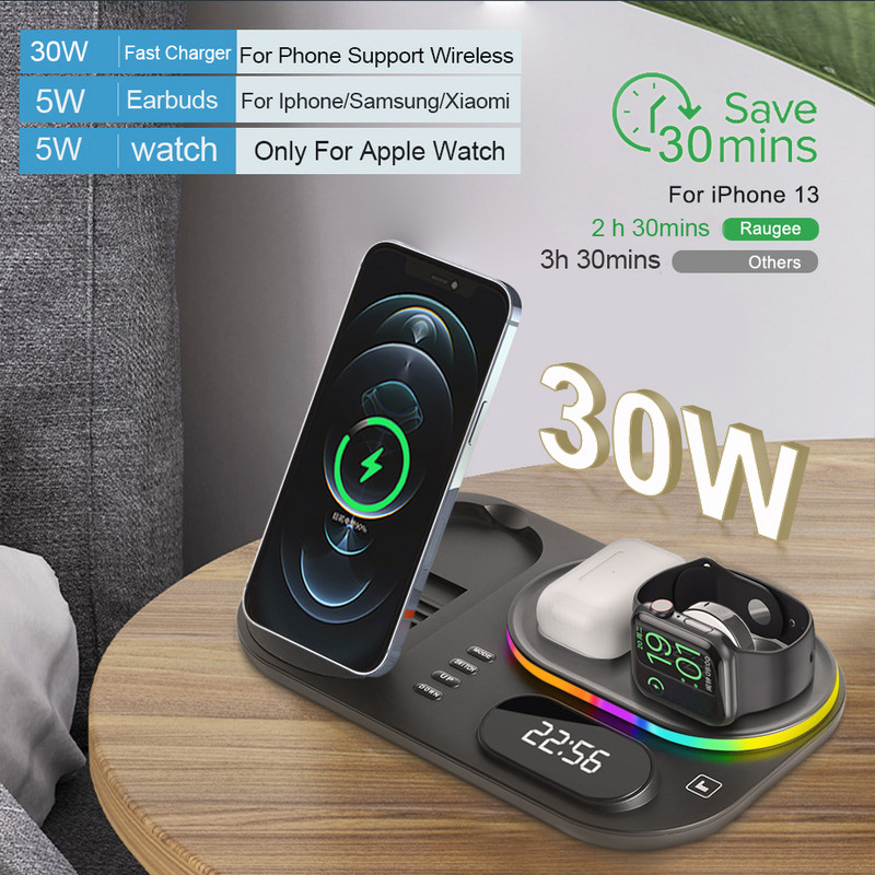 3 viename belaidžio įkroviklio stovas, skirtas iPhone13 Pro 12 Max Mini 30 W Qi greito įkrovimo doko stočiai, skirta Apple Watch 7/6 AirPods Pro