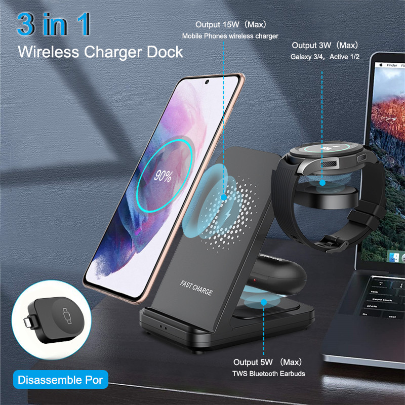 3 u 1 stalak za bežični punjač za Galaxy Watch 4 Active 1/2 15W bežični telefon i priključak za punjač za sat za Samsung galaxy watch 4