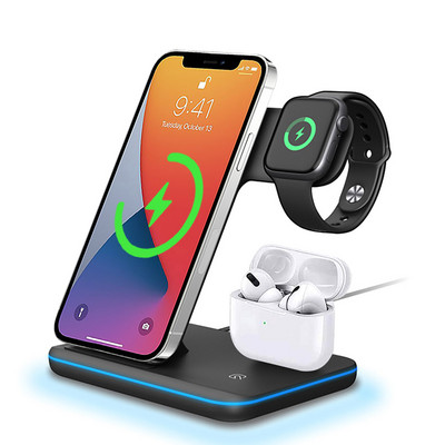 Vezeték nélküli töltőállvány 3 az 1-ben 15 W-os gyorstöltő dokkolóállomás AirPods Pro Apple Watchhoz 7 6 SE 5 4 iPhone 14 13 12 11 XS X 8