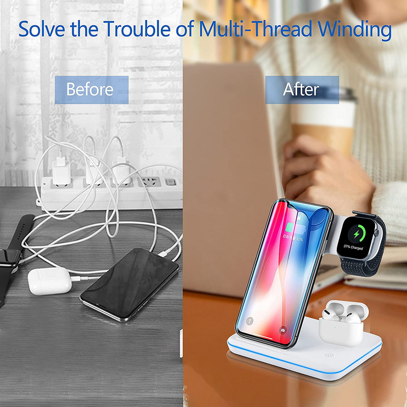 Vezeték nélküli töltőállvány 3 az 1-ben 15 W-os gyorstöltő dokkolóállomás AirPods Pro Apple Watchhoz 7 6 SE 5 4 iPhone 14 13 12 11 XS X 8