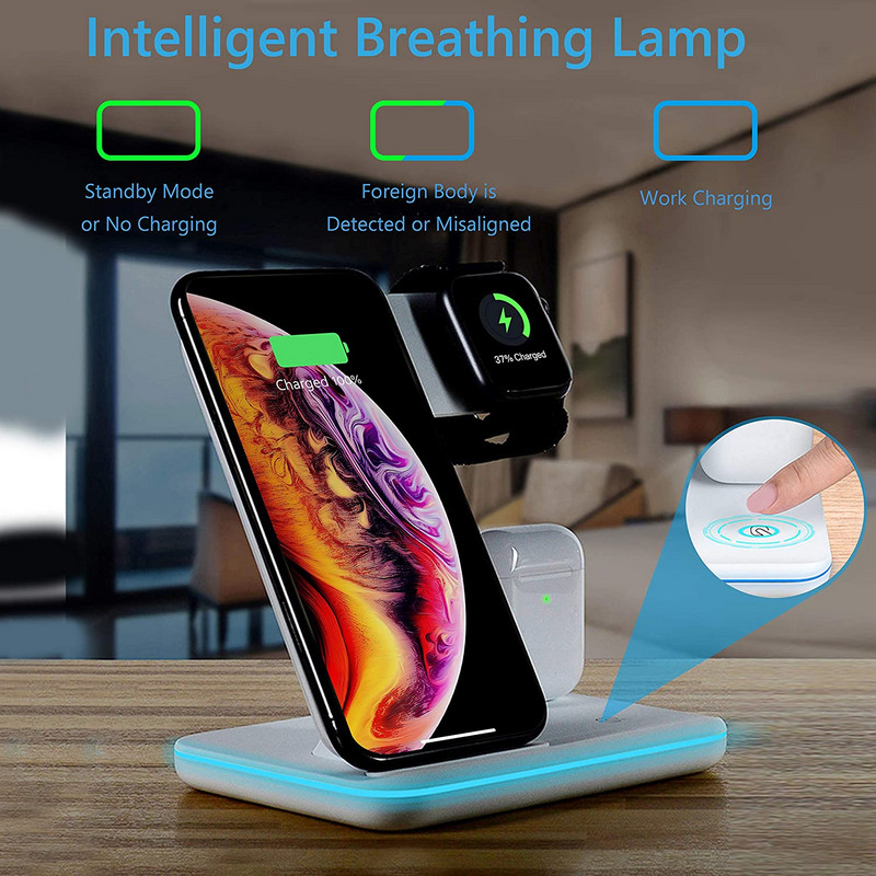 Vezeték nélküli töltőállvány 3 az 1-ben 15 W-os gyorstöltő dokkolóállomás AirPods Pro Apple Watchhoz 7 6 SE 5 4 iPhone 14 13 12 11 XS X 8