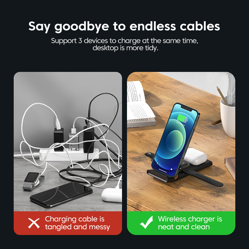 KUULAA Qi belaidis įkroviklis 3 viename, skirtas iPhone 13 12 11 Pro MAX XR X 8 sulankstoma įkrovimo stotelė, skirta Apple Watch Airpods Pro