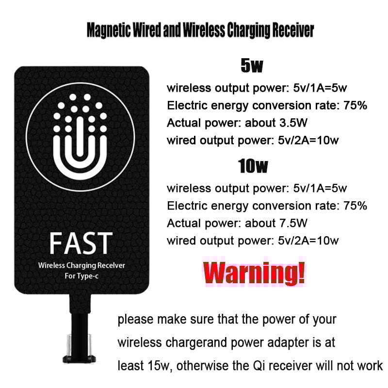 Qi bežični prijemnik za punjenje za tip C/Android telefone, brzi adapter za bežični punjač, magnetski kabel, žično punjenje