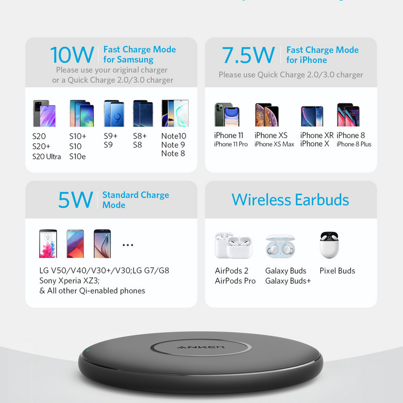 Anker Wireless Charger 313 PowerWave Pad Qi-Certified 10W Max iPhone 11 iPhone 14 AirPods Galaxy S20 bezvadu uzlādes paliktnis