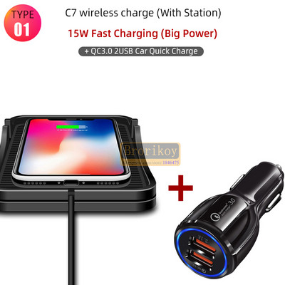 15 W greitas belaidis automobilinis įkroviklis, silikoninis prietaisų skydelis, neslystantis mobiliojo telefono padėklo stovo laikiklio kilimėlis, skirtas iPhone 13 12 11 Xiaomi Huawei