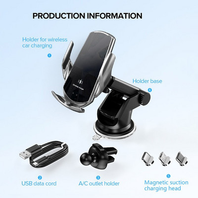 Automatinio prispaudimo 15 W automobilinis belaidis įkroviklis skirtas iPhone 13 12 11 XS XR X 8 Samsung S20 S21 magnetinis USB įkrovimo telefono laikiklis